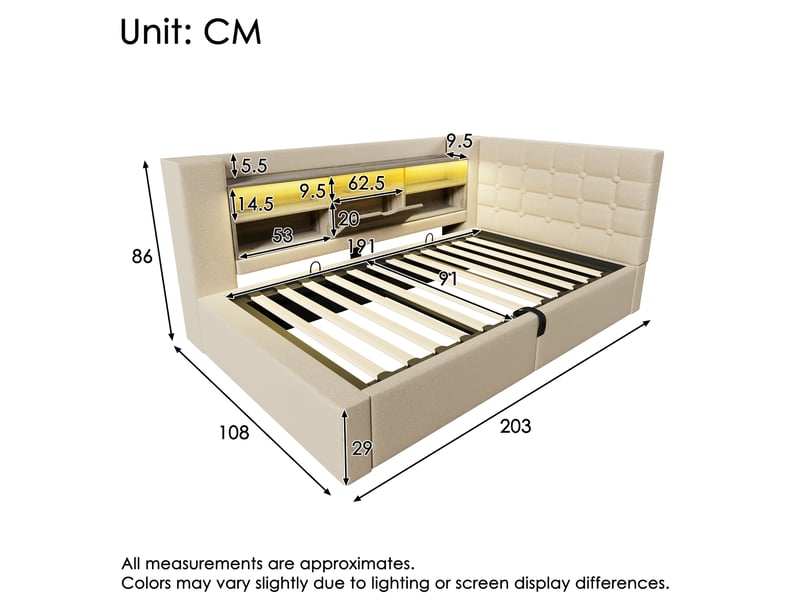  Lit 90x190 cm avec led, rangement hydraulique, tête de lit l réversible, bois, métal, beige sans matelas  - Conforama C