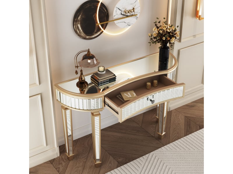  Table console miroir demi-lune 120 cm - tiroir bouton cristal - verre cannelé - coiffeuse moderne or argent  - Conforama E
