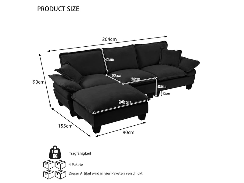  Canapé d'angle modulable l 264 x 155 x 90 cm 4 places, pouf mobile, 2 coussins, chenille noir  - Conforama C