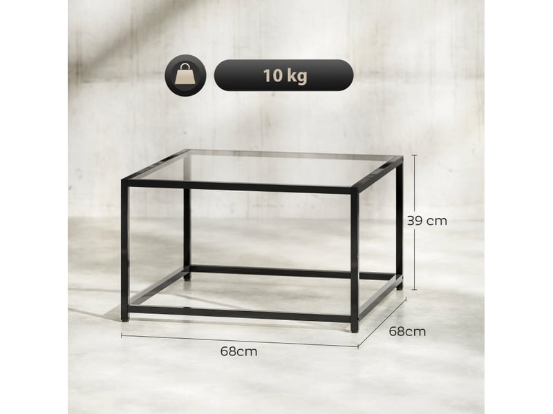  Table basse carrée fixe avec plateau en verre trempé et pieds en acier, style industriel noire, 68 × 68 × 39 cm  - Conforama C