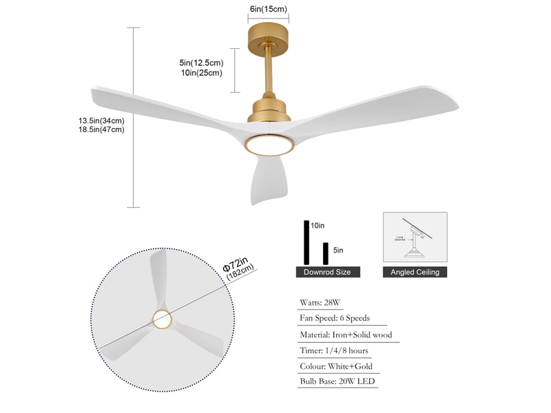  Ventilateur de plafond 52 avec lumière et télécommande, 3 pales bois, or + blanc  - Conforama C