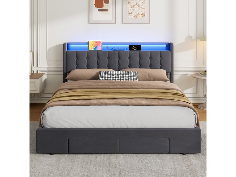  Lit rembourré 180x200 avec led, usb et 2 tiroirs de rangement cravdom  - Conforama C