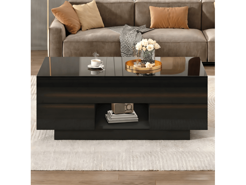  Table basse relevable noire brillante avec led – 100 x 45 x 43 cm – 2 tiroirs  - Conforama B