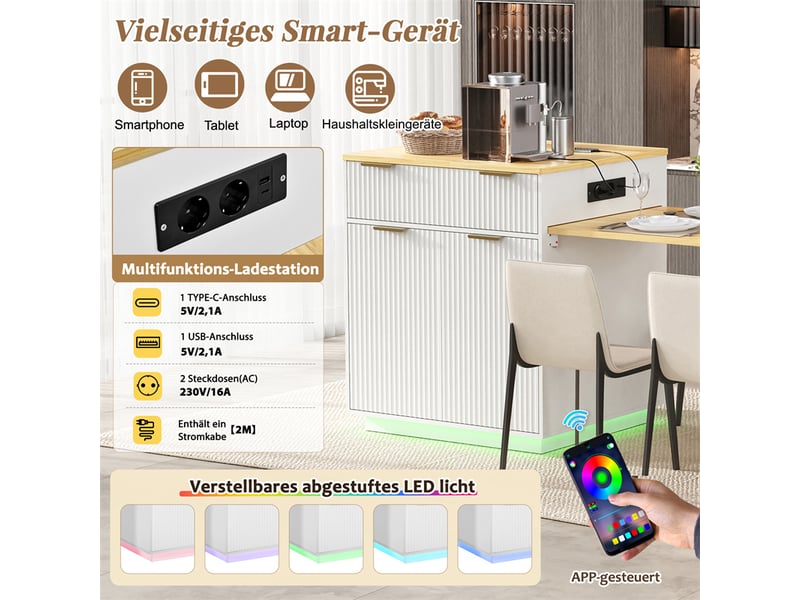 Îlot de cuisine mobile blanc, table extensible, led, prises, tiroirs, étagères - Conforama B