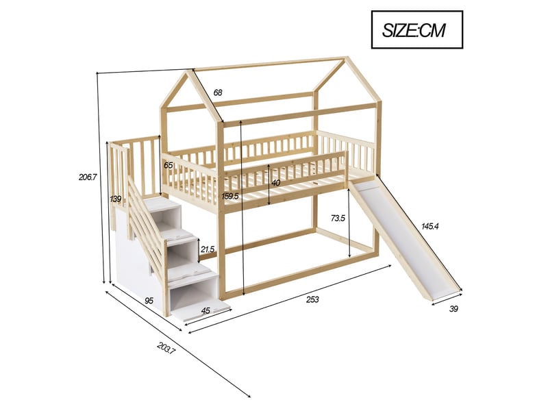  Lit mezzanine, 90x200 cm, avec toboggan, échelle aménagée garde corps haut, matelas non inclus, bois, coloris naturel  - Conforama C