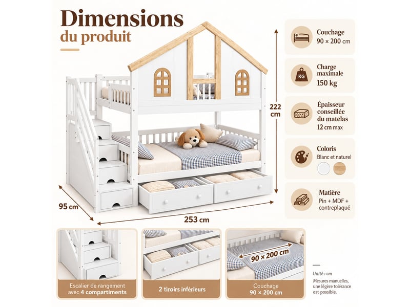 Lit superposé enfant 90 × 200 cm avec escalier de rangement, 2 tiroirs à roulettes et fenêtres, pin et mdf, blanc et naturel - Conforama C