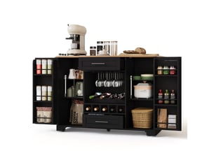 Îlot de cuisine 120 x 45 + 70 x 92 cm plateau rabattable rangement intégré range-bouteilles porte-verres étagère à épices porte-serviettes coloris noir