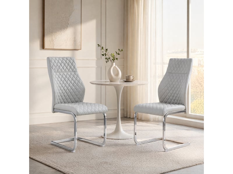  Lot de 2 chaises de salle à manger gris clair à motif losangé, structure métal argenté  - Conforama B