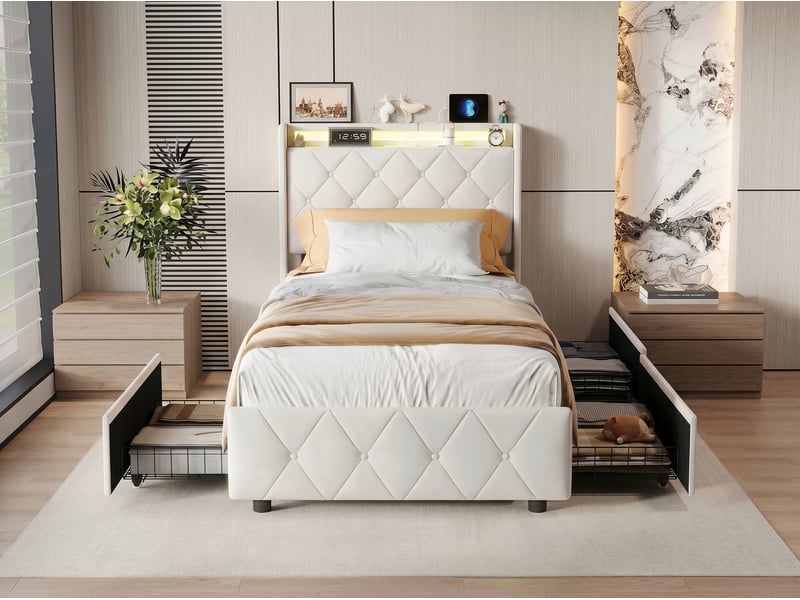  Lit 2 places 90x200 cm - avec éclairage led - tête de lit avec étagère - similicuir pu beige - sommier à lattes inclus  - Conforama D