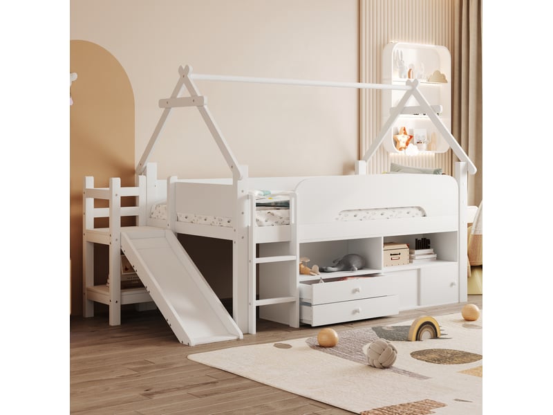  Lit enfant surélevé 90x200 cm avec toboggan, rangements et cadre cabane blanc  - Conforama B