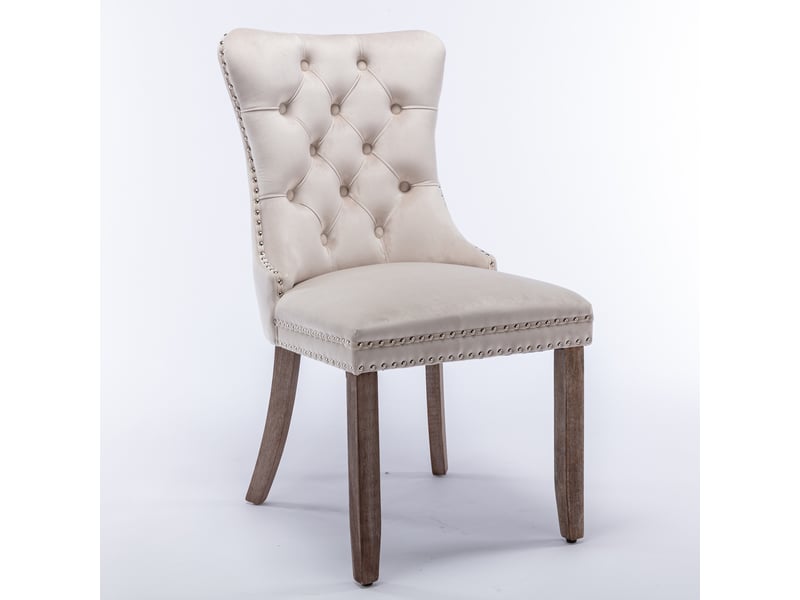  Lot de 2 chaises de salle à manger en velours beige, dossier haut capitonné, clous décoratifs, pieds en bois massif, style français élégant  - Conforama A