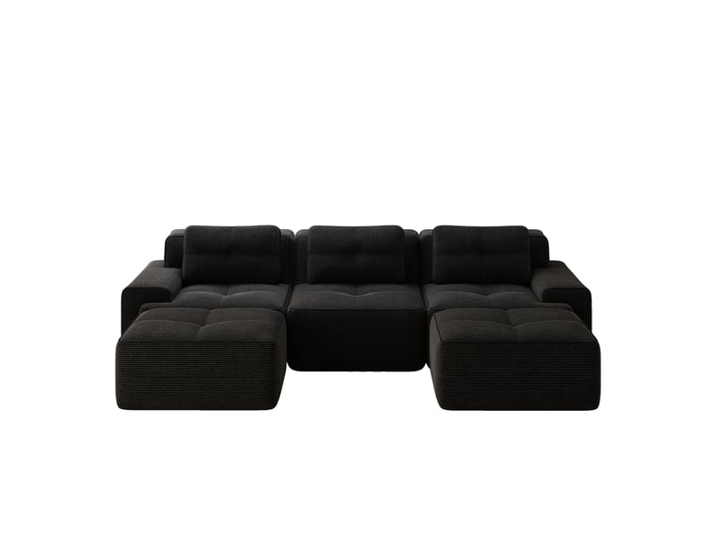  Canapé modulable en u 3 places en velours côtelé noir, confort profond et deux ottomans pour le salon  - Conforama A