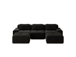 Canapé modulable en u 3 places en velours côtelé noir, confort profond et deux ottomans pour le salon