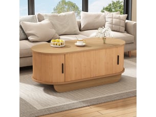 Table basse ovale relevable 100x50x42cm, hauteur réglable jusqu'à 55.5cm, grand rangement à volets et mécanisme hydraulique, effet bois