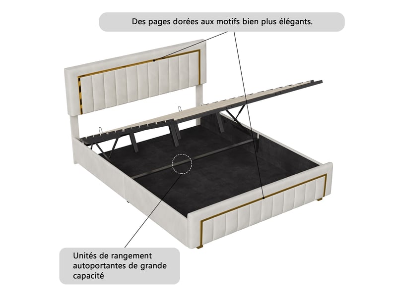  Lit coffre 180x200cm - lit double 180x200 - avec tête en velours, bordures dorées, style moderne chic - blanc crème  - Conforama D