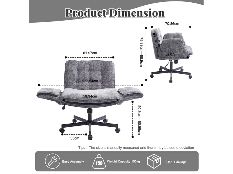 Chaise de bureau pivotante gris foncé en tissu, roulettes, hauteur réglable, accoudoirs rabattables, 150 kg  - Conforama C