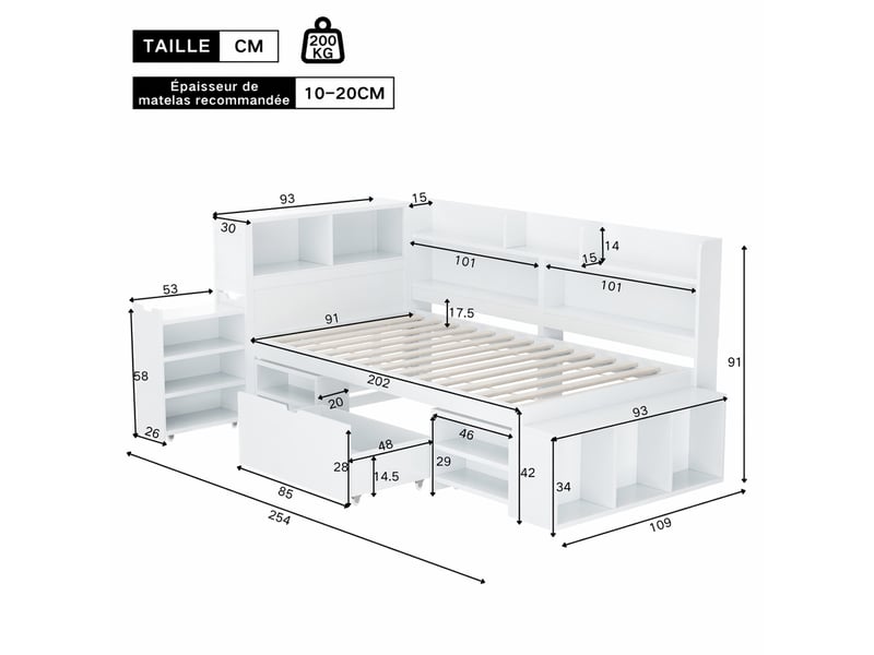  Lit enfant blanc en contreplaqué, lit simple 90x200 cm avec tiroir, bibliothèques et placards, sans matelas  - Conforama D
