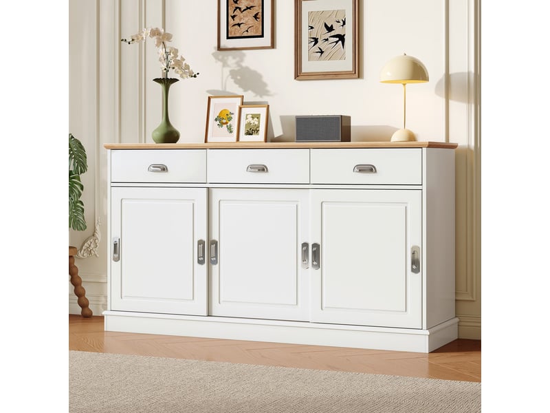  Commode 3 tiroirs et 3 portes coulissantes, 140 x 40 x 77 cm, corps mdf, poignées argentées, rangement polyvalent, blanc  - Conforama D