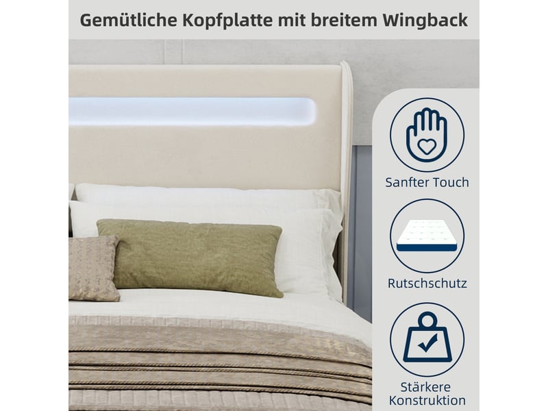  Lit 160x200 cm minimaliste avec tête capitonnée et base surbaissée led, sans rangement, sans matelas  - Conforama D