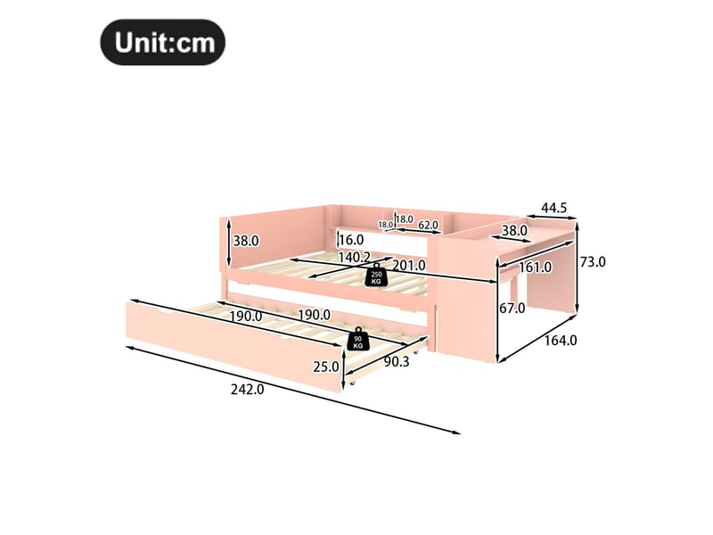  Elvmi lit double 140x200 cm avec bureau intégré, lit gigogne escamotable, 3 étagères et table de chevet, tête de lit haute, structure en bois de pin et mdf, coloris rose et blanc, pour chambre, studio ou chambre d’enfant  - Conforama C