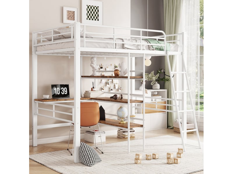  Lit mezzanine enfant 90 x 200 cm blanc avec bureau, étagères, échelle et garde-corps  - Conforama D