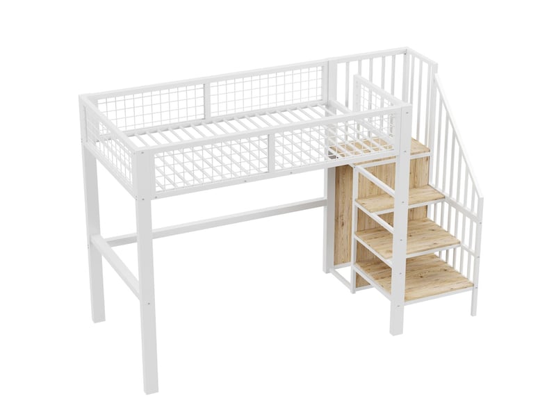  Lit mezzanine 90x200cm avec armoire, étagères et échelle sécurisée, lit simple, barrières de sécurité - design unique, blanc  - Conforama D
