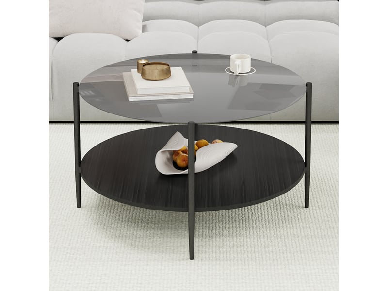  Table basse ronde moderne avec plateau en verre trempé fumé noir, double niveau de rangement  - Conforama B