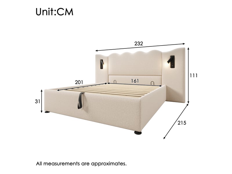  Lit coffre 160×200cm, lit double, lampe pivotante à 360°, tête de lit, métal, bois, lin, beige, matelas inclus  - Conforama C