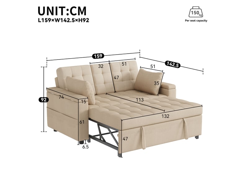 Canapé convertible 2 places 140x90x86,5 cm avec fonction lit, dossier réglable 3 positions, rangement intégré, poches latérales, coussins, tissu effet lin - beige - Conforama D