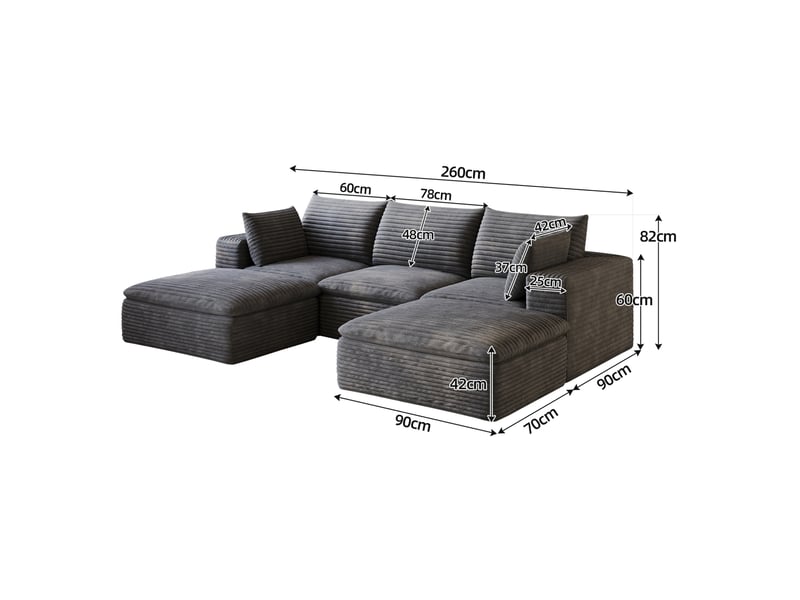Canapé modulable 3 places avec 2 pouf en velours côtelé gris foncé, coussins déhoussables, sans montage, confort moelleux - Conforama C