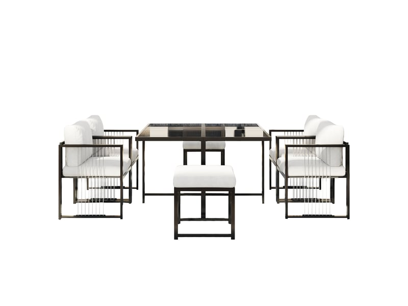  Salon de jardin 7 pièces avec table en verre trempé 117 x 117 cm, 4 fauteuils et 2 repose-pieds  - Conforama A