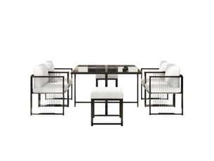 Salon de jardin 7 pièces avec table en verre trempé 117 x 117 cm, 4 fauteuils et 2 repose-pieds