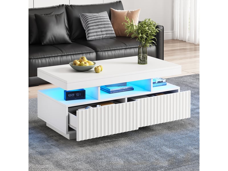  Table basse blanche 100x50x45 cm avec led, table de salon avec led, 2 tiroirs à rayures verticales, design minimaliste  - Conforama B
