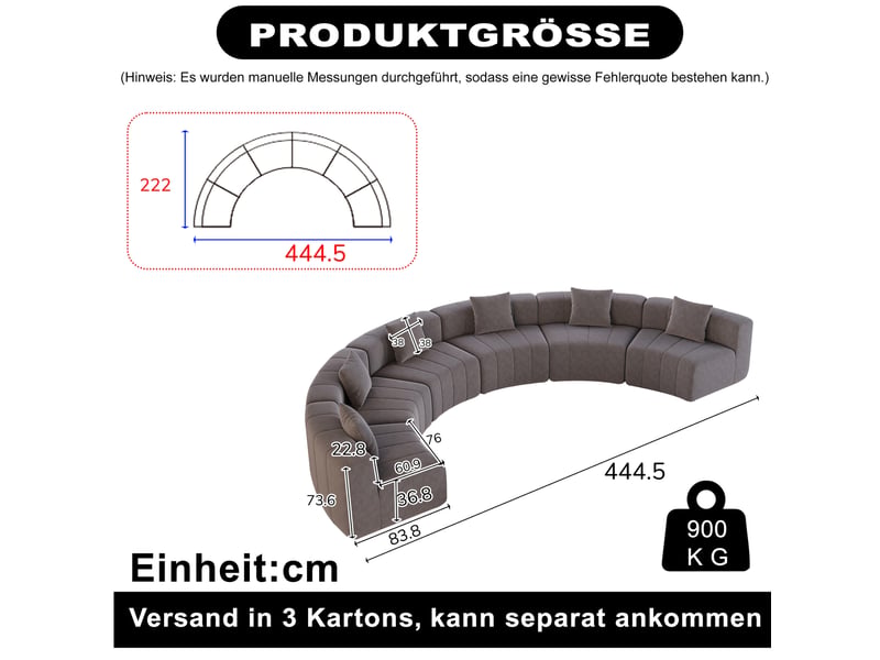 Canapé modulaire 6 places en demi-cercle avec 2 coussins, assise style piano courbe en chenille gris - Conforama C