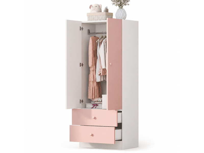  Armoire tcqpz 70 x 40 x 170 cm 2 portes 2 tiroirs espace penderie rose et blanc mdf et contreplaqué  - Conforama A