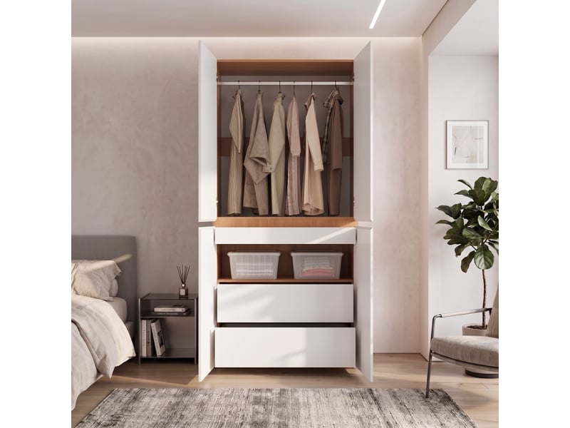 Armoire blanc avec tiroir à bijoux, 90 x 50 x 200 cm, 4 portes, tringle à vêtements et 2 tiroirs  - Conforama B