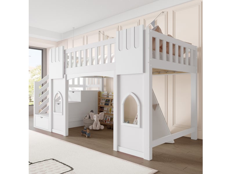  Lit mezzanine, 90x200 cm, pour chambre, avec escalier aménagé, fenêtres, matelas non inclus, mdf et bois, coloris blanc  - Conforama D