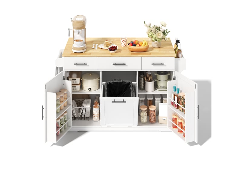  Desserte de cuisine à roulettes avec plan rabattable, 3 tiroirs, 2 portes et meuble poubelle, mdf blanc et bois naturel  - Conforama A