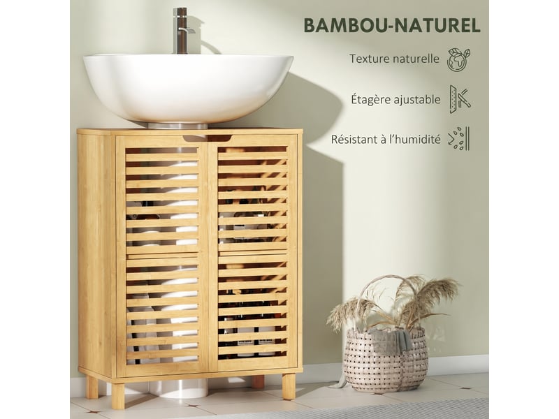  Meuble sous lavabo en bambou à portes persiennes, étagère réglable, 60 x 30 x 80 cm, naturel  - Conforama D