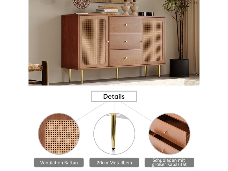  Buffet en noyer 150 cm, commode 2 portes et 3 tiroirs, portes de commode en rotin, sans matelas.  - Conforama E