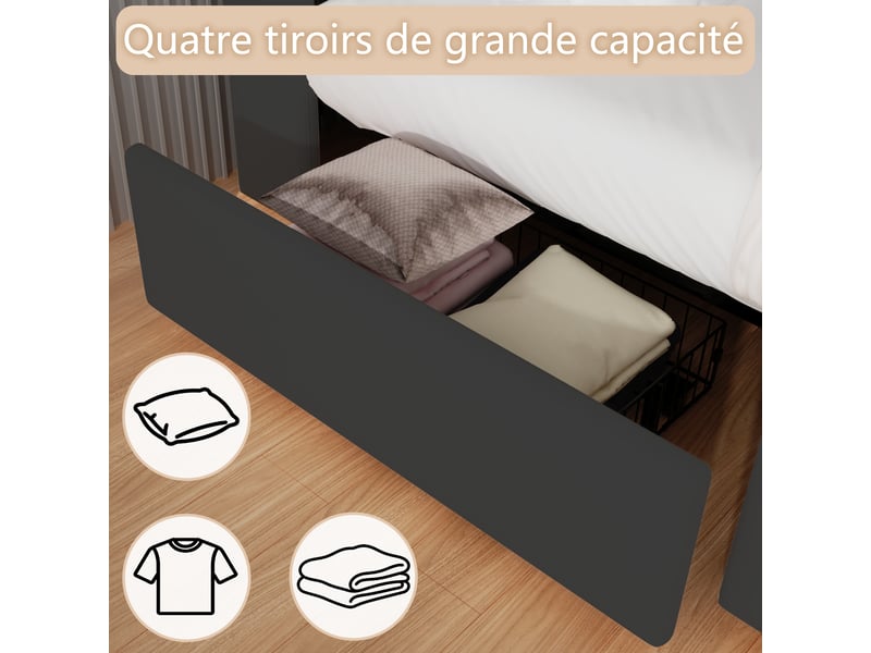  Lit 160x200 cm noir avec rangement, led, 4 tiroirs,ports usb+type-c sans matelas EBD855Q-BK - Conforama R