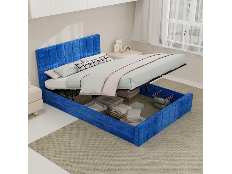  Lit coffre 140x200 cm, tête de lit capitonnée en velours bleu marine  - Conforama D