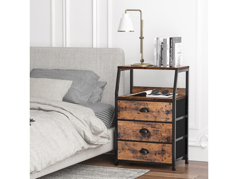  Commode 3 tiroirs tissu moderne, plateau bois robuste, table appoint compacte cadre acier, rangement pratique, chambre salon entrée PPG_345JDHTF - Conforama D