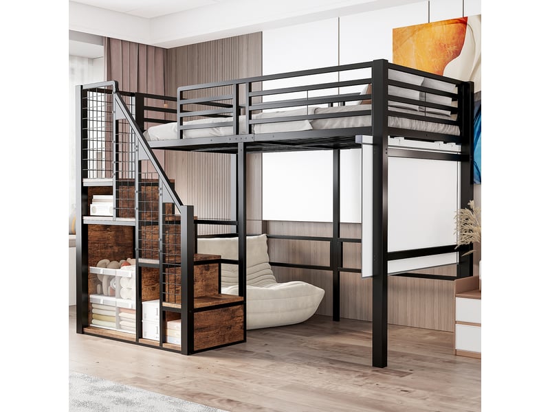  Lit mezzanine enfant simple 90×200 cm rangement, penderie et échelle sécurisée  - sans matelas, métal - noir  - Conforama C