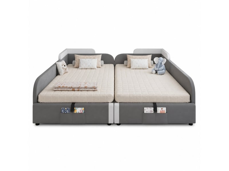  Lit enfant combiné 2 x 90 x 200 cm avec rangement hydraulique, gris et blanc  - Conforama A