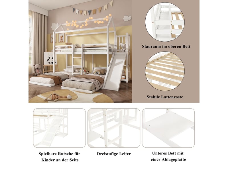  Lit superposé 90x200cm - avec toboggan et toit maison - rangement - lit superposé enfant - bois massif blanc - stable et sécurisé  - Conforama D