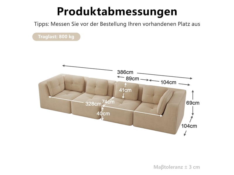 Canapé droit modulable 4 places velours côtelé beige – 386 x 104 x 69 cm Fay Lum - Conforama C