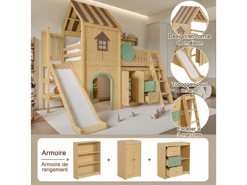  Lit superposé cabane avec toboggan 90x200 cm bois massif, barrière de sécurité, escalier, placard, tiroirs et rangements BrimViber - Conforama D