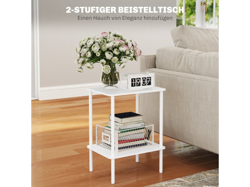  Table d’appoint 2 niveaux blanc avec rangement et cadre métal, style moderne pour salon et chambre  - Conforama B