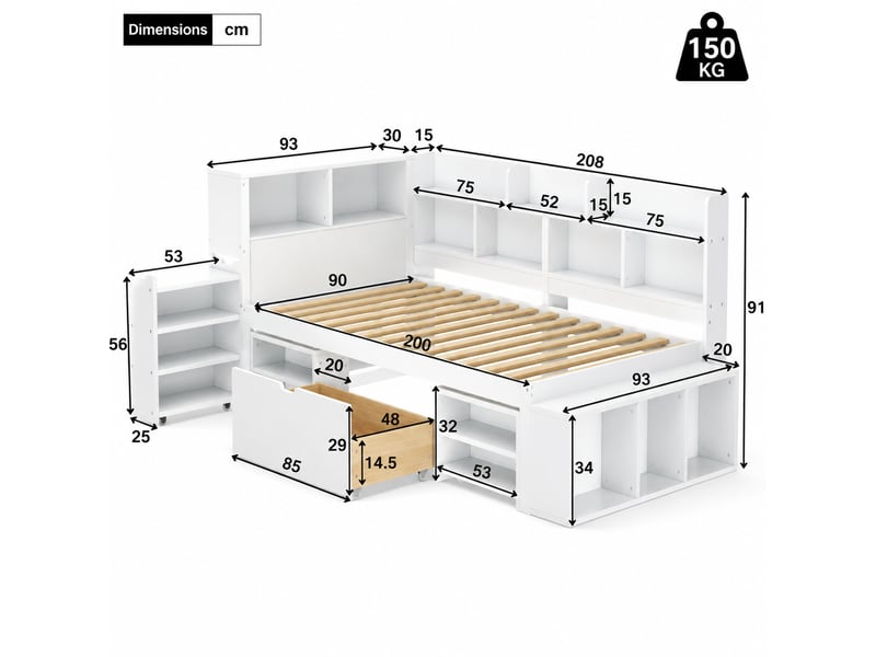 Lit enfant 90x200 cm - lit combiné avec tiroirs et bibliothèque, lit avec rangement blanc, sans matelas - Conforama C